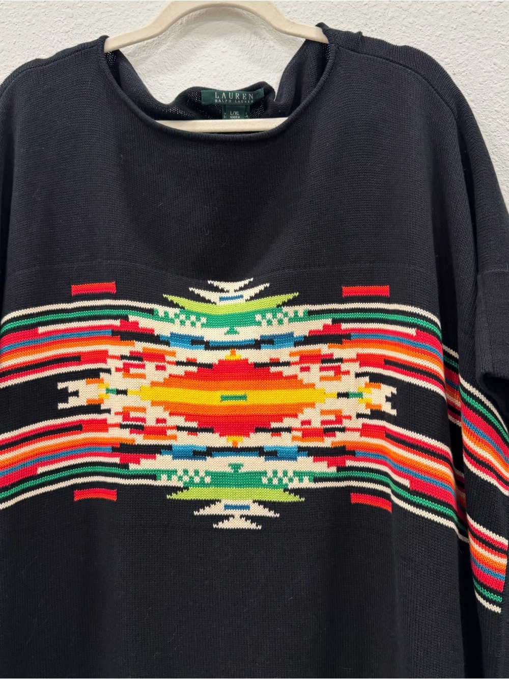 Lauren Ralph Lauren Southwestern Geometric Cotton Knit Poncho Black L/XL - Picture 6 of 8